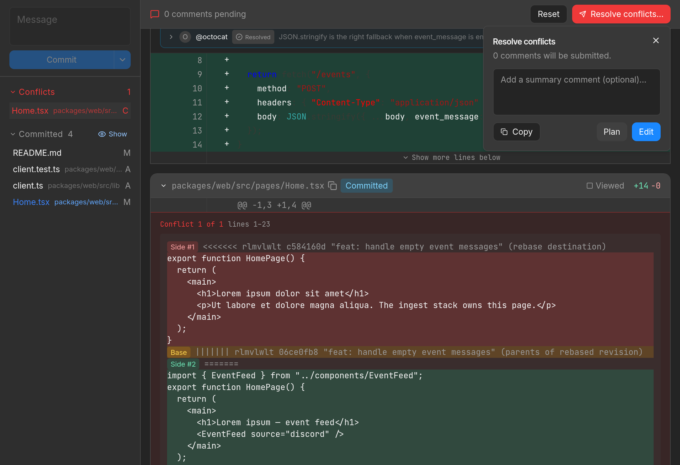 Changes tab Resolve conflicts popover with Plan and Edit