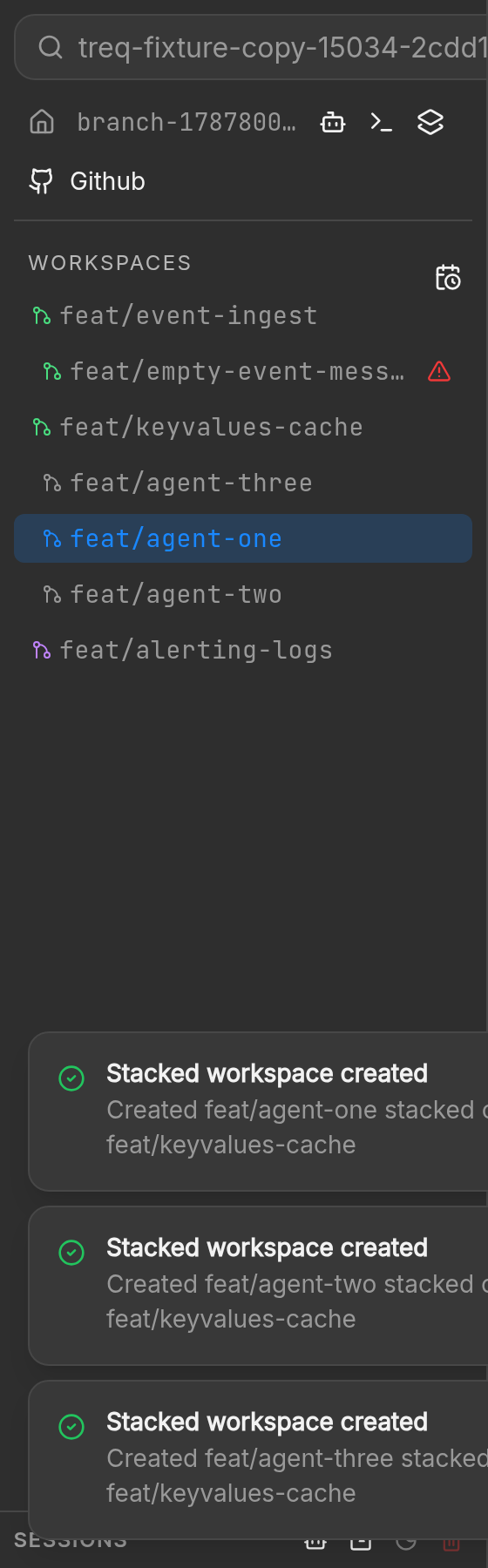 Sidebar after three new agent workspaces appear