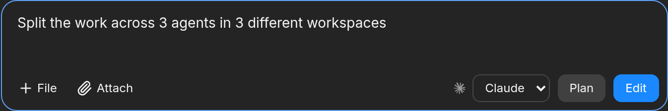 Agent prompt: Split the work across 3 agents in 3 different workspaces